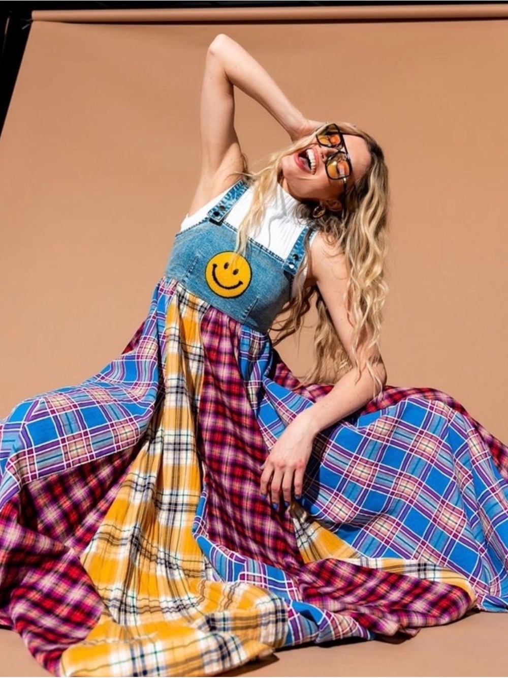 Dressed in LALA Walking on Sunshine Overall Dress Denim Plaid Face Smiley xl